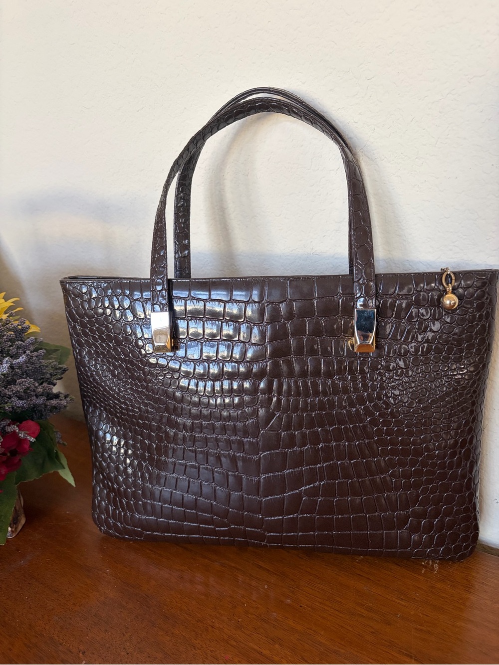 Koret Vintage Croc Emboseed Patent leather Brown Top Handle Handbag  RARE!